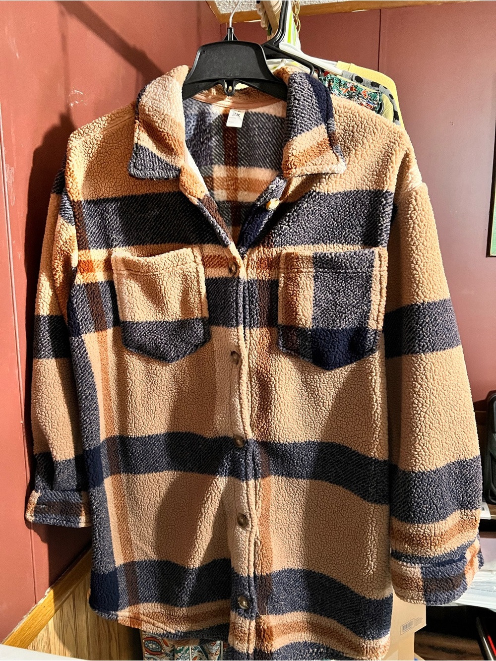 Women's Teddy Shacket in Tan and Navy Plaid
